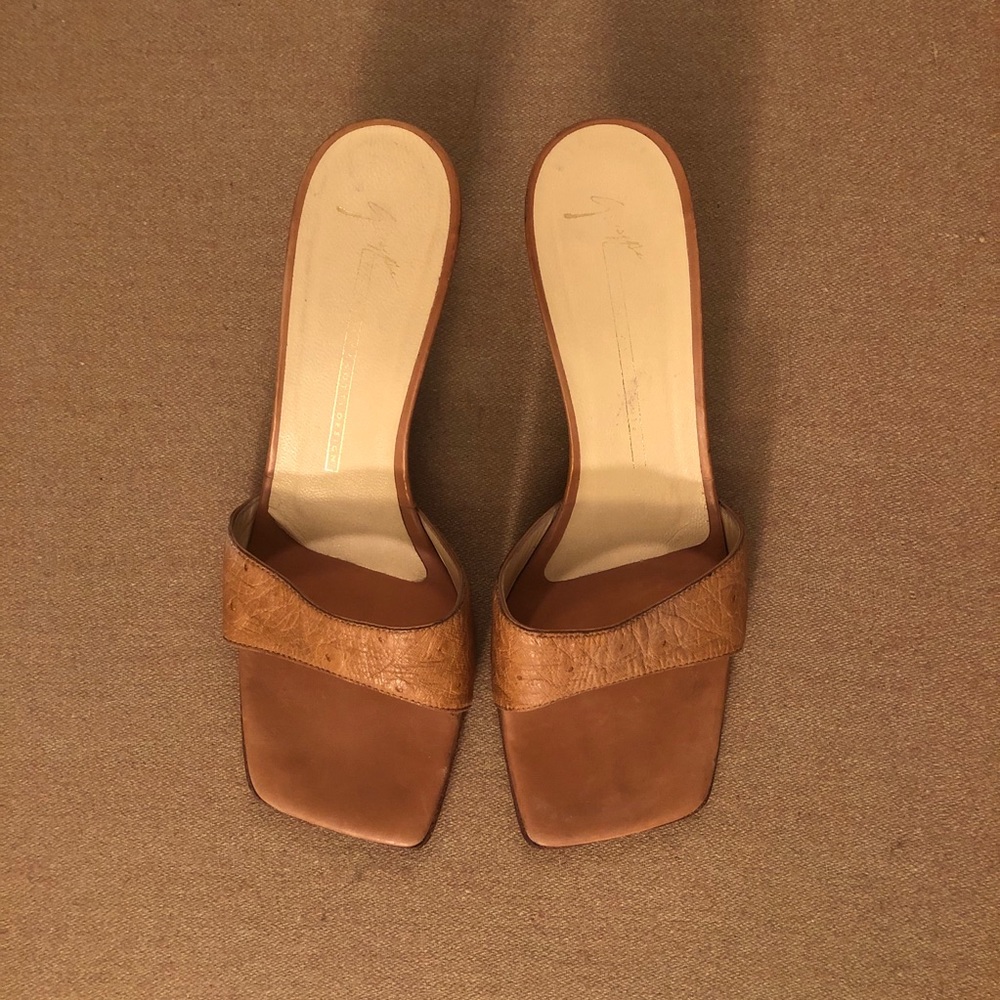Vicini Leather strap open back heels in camel